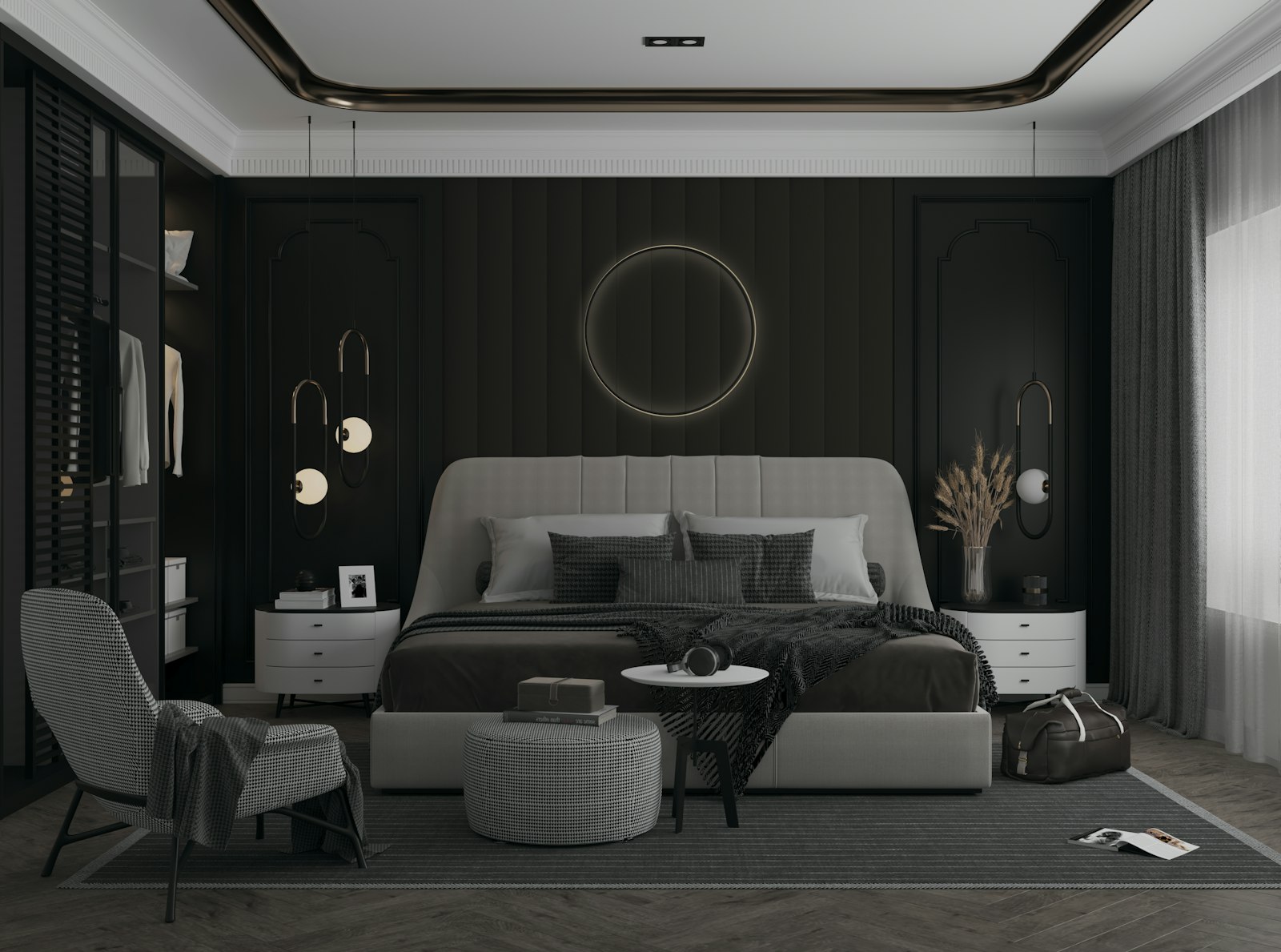Quiet luxury bedroom interior, evoking discreet in-home medical detox for public-facing professionals.